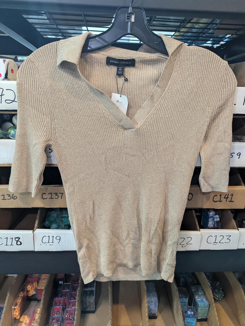 Banana Republic Women's Tan Ribbed V‑Neck Polo Top | XS Petite